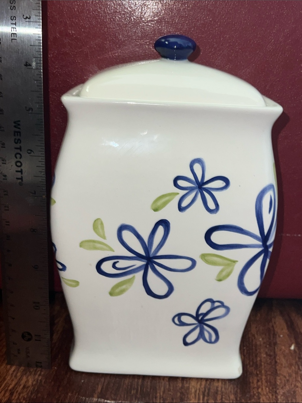 Starbucks 2003 Ceramic Coffee Canister Blue Floral Square Jar w Lid